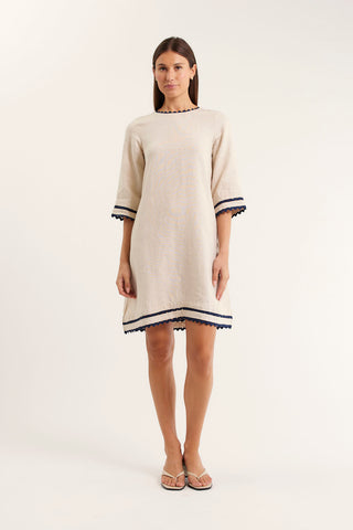 Claire Linen Dress in String/Navy