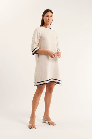 Claire Linen Dress in String/Navy