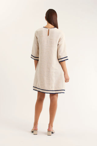 Claire Linen Dress in String/Navy