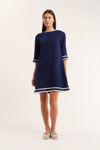 Claire Linen Dress Navy/White