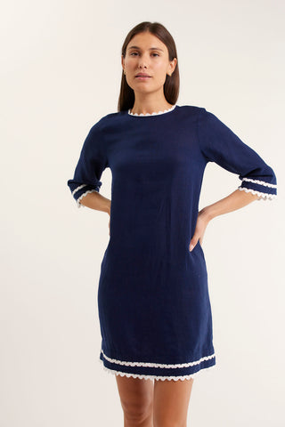 Claire Linen Dress Navy/White