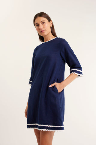 Claire Linen Dress Navy/White
