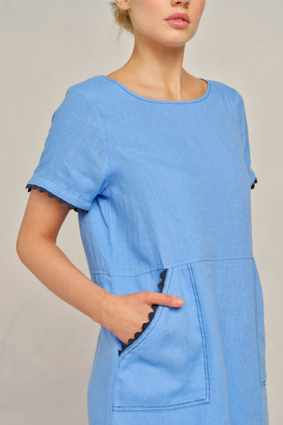 Chiara Wave Linen Dress in Cornflower