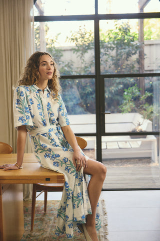 Emma Linen Dress In Blue Vine Print