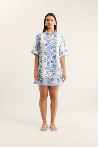 Sasha Linen Shirt In Blue Vine Print