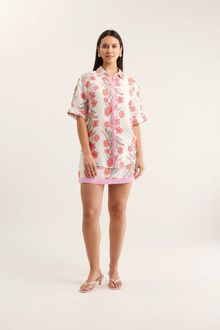 Sasha Linen Shirt In Pink  Vine Print
