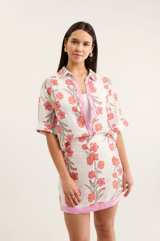 Sasha Linen Shirt In Pink  Vine Print