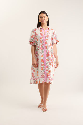Maxine Linen Dress In Pink Vine Print