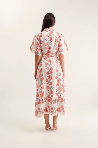 Emma Linen Dress In Pink Vine Print