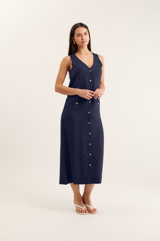 Tani Midi Linen Dress In Navy/White
