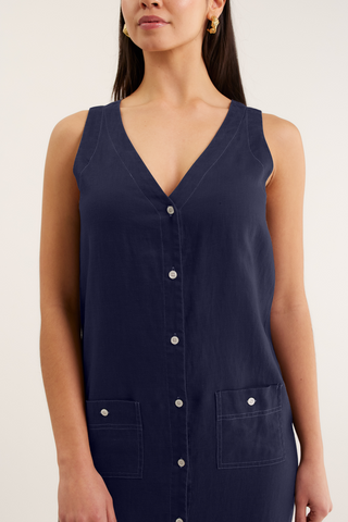 Tani Midi Linen Dress In Navy/White
