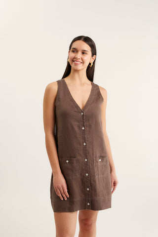 Tani Linen Dress In Choc/White