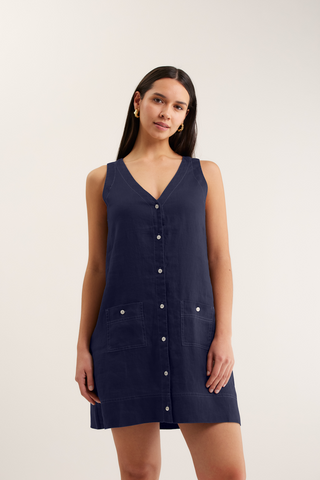 Tani Linen Dress In Navy/White