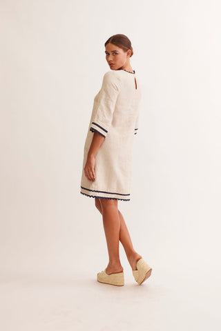 Claire Linen Dress in String/Navy