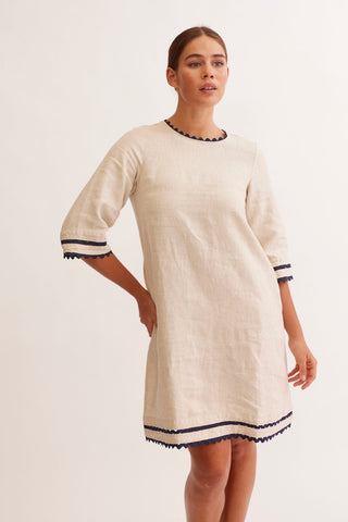 Claire Linen Dress in String/Navy