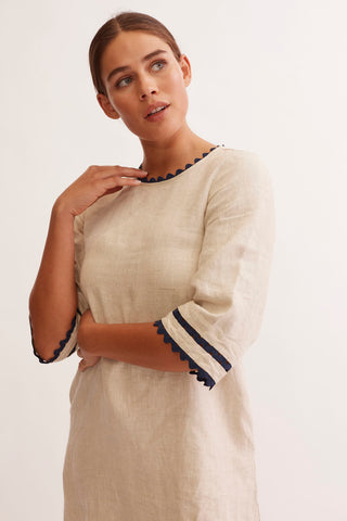 Claire Linen Dress in String/Navy