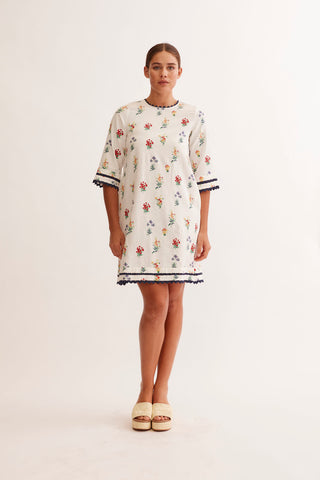 Claire Linen Dress in Ivory Lily Print