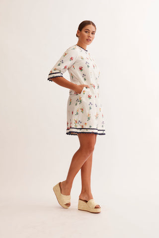 Claire Linen Dress in Ivory Lily Print