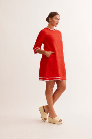 Claire Linen Dress in Red/Lolly