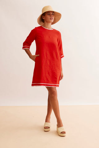 Claire Linen Dress in Red/Lolly