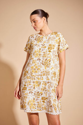 Claudette Linen Dress in Mustard Nina's Garden Print