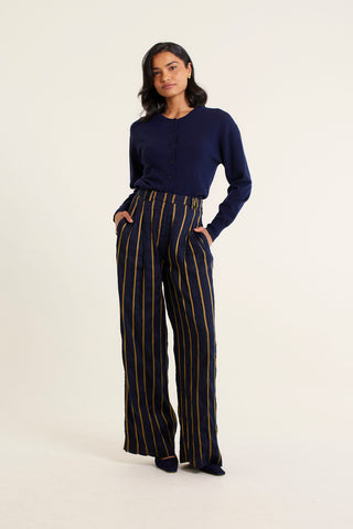 Quincy Linen Frankie Stripe Pant In Ink/Gold
