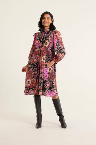 Maxy Cotton Silk Dress Magenta Banksia Print