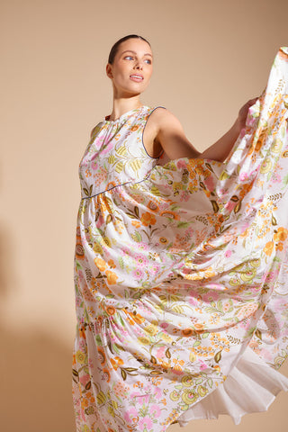 Portofino Cotton Silk Dress in Ivory Rosa's Garden Print