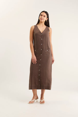 Tani Midi Linen Dress In Choc/White