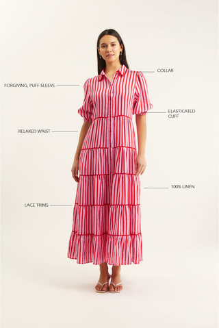 Marlow Breton Linen Dress In Pink/Red
