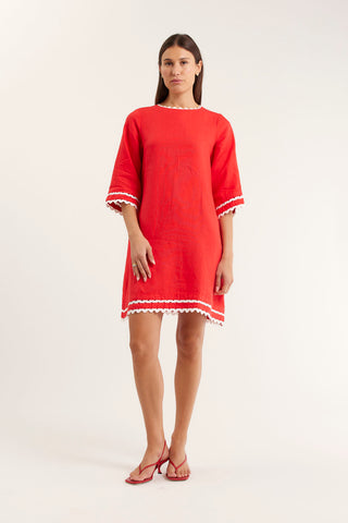 Claire Linen Dress In Red/White