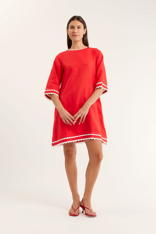 Claire Linen Dress In Red/White