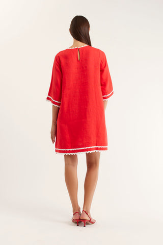 Claire Linen Dress In Red/White