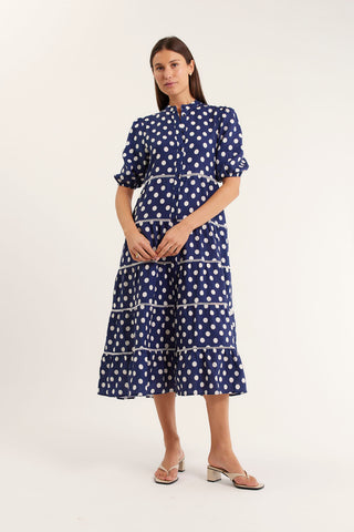 Martina Polkadot Linen Dress In Navy