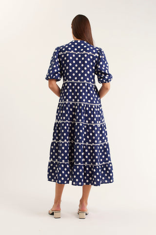 Martina Polkadot Linen Dress In Navy