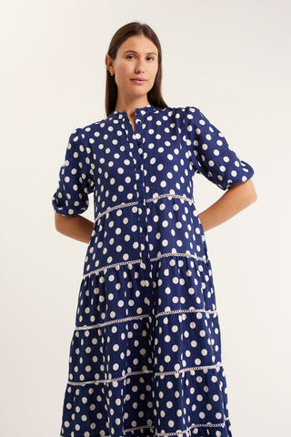 Martina Polkadot Linen Dress In Navy