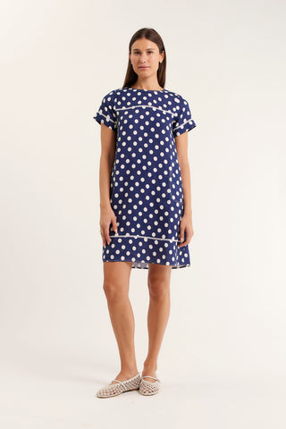 Laine Polkadot Linen Dress In Navy