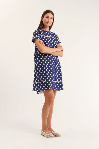 Laine Polkadot Linen Dress In Navy