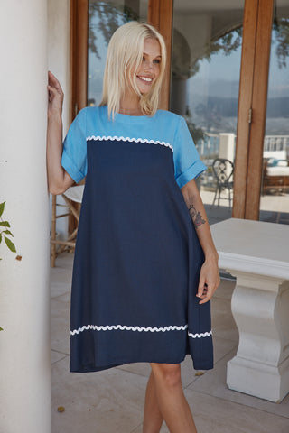 Laine Linen Wave Dress In Navy