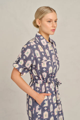 Caden Linen Dress in Navy Eden Print