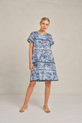 Claudette Wave Linen Dress in Cornflower Paradise Print