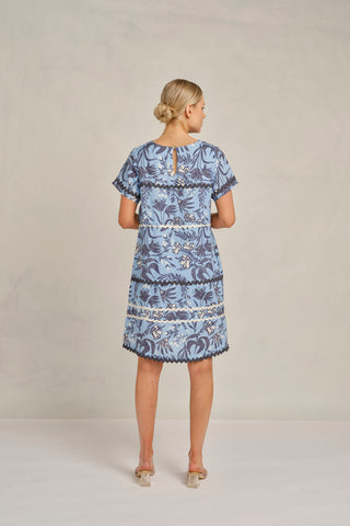 Claudette Wave Linen Dress in Cornflower Paradise Print