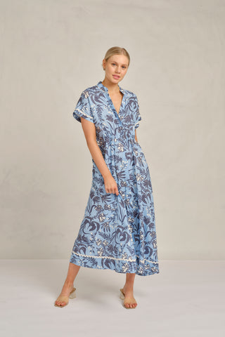 Candice Wave Linen Dress in Cornflower Paradise Print