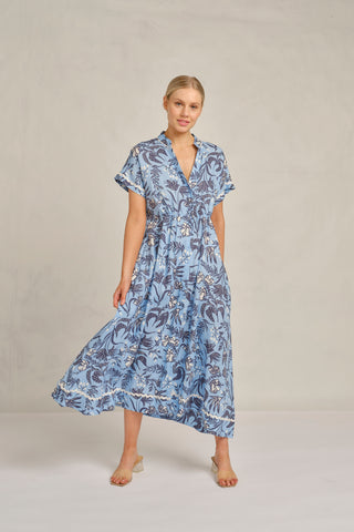 Candice Wave Linen Dress in Cornflower Paradise Print