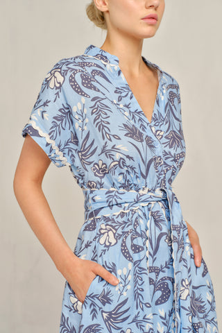 Candice Wave Linen Dress in Cornflower Paradise Print