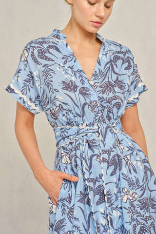 Candice Wave Linen Dress in Cornflower Paradise Print