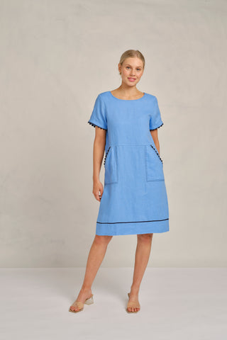 Chiara Wave Linen Dress in Cornflower