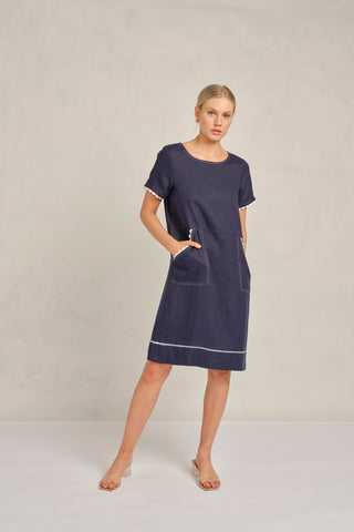 Chiara  Wave Linen Dress in Navy