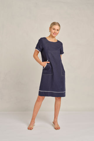 Chiara  Wave Linen Dress in Navy