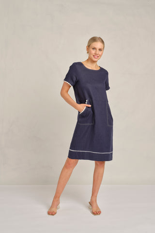 Chiara  Wave Linen Dress in Navy